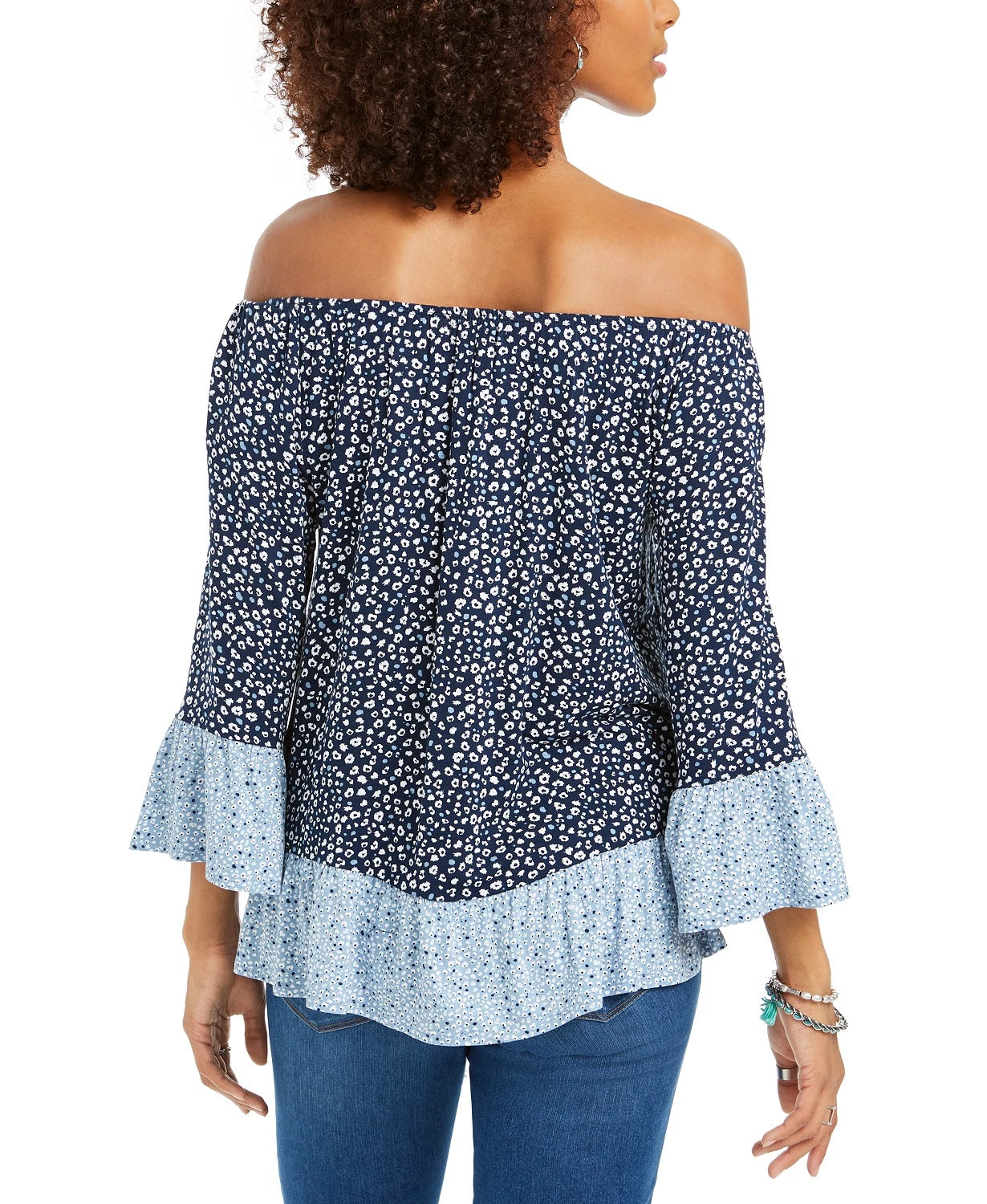 Blusa feminina estampada ombro a ombro/ombro a ombro, tamanho extra pequeno, azul, estilo &amp; co