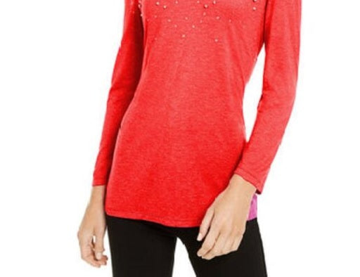 INC International Concepts Top feminino com decote em V e brilho enfeitado, vermelho, tamanho X-S