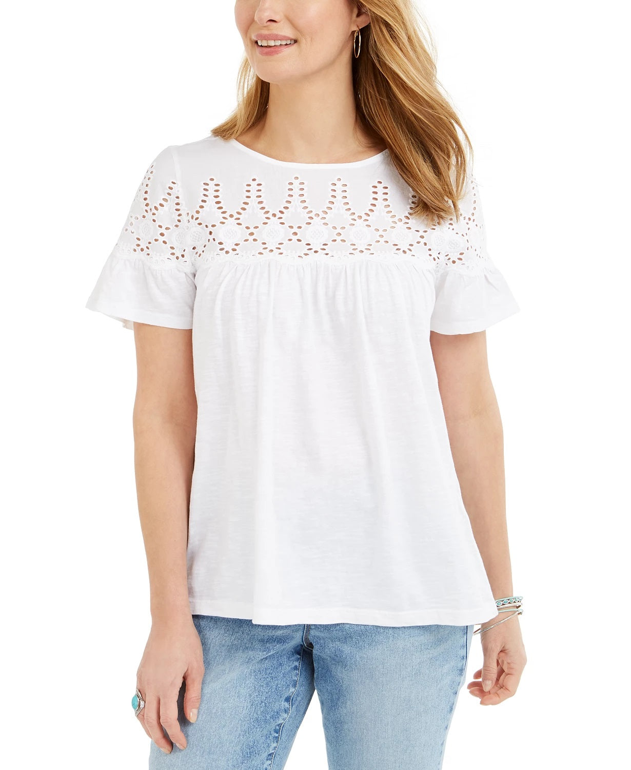 Top de algodão com ilhós feminino Style &amp; Co, branco, tamanho grande