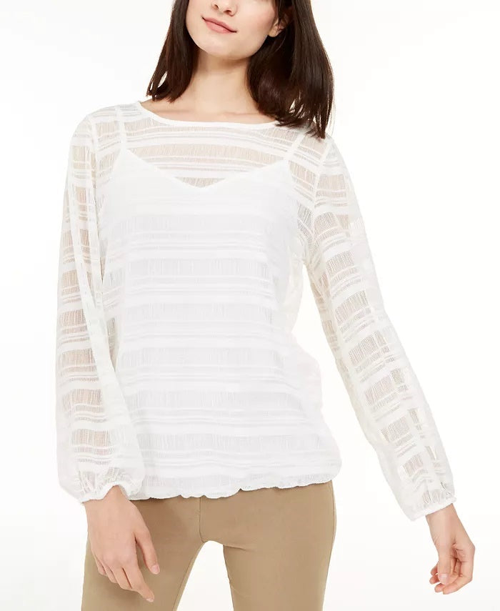 Blusa listrada transparente Alfani feminina, tamanho pequeno, branca