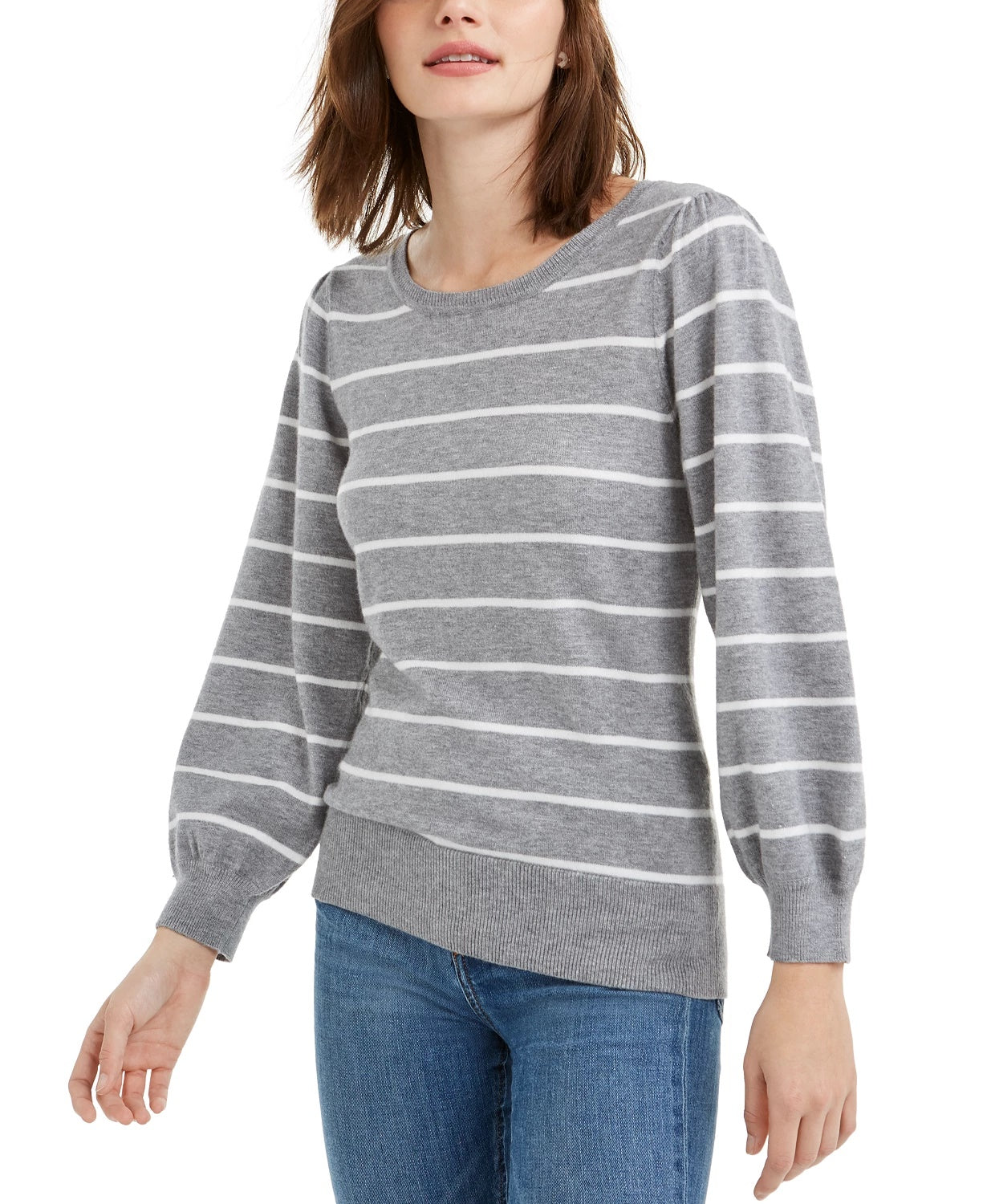 Suéter listrado feminino Maison Jules com manga bufante, cinza, tamanho XXG