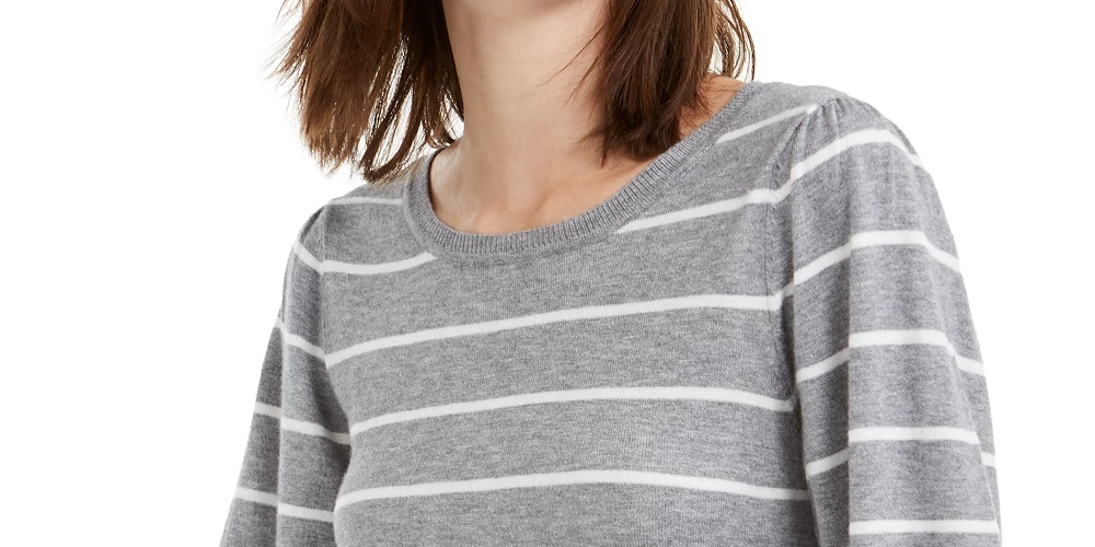 Suéter listrado feminino Maison Jules com manga bufante, cinza, tamanho XXG