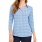 Camisa polo feminina Charter Club com estampa de manga 3/4, azul, tamanho extragrande