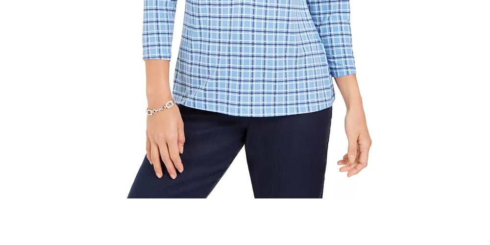 Camisa polo feminina Charter Club com estampa de manga 3/4, azul, tamanho extragrande