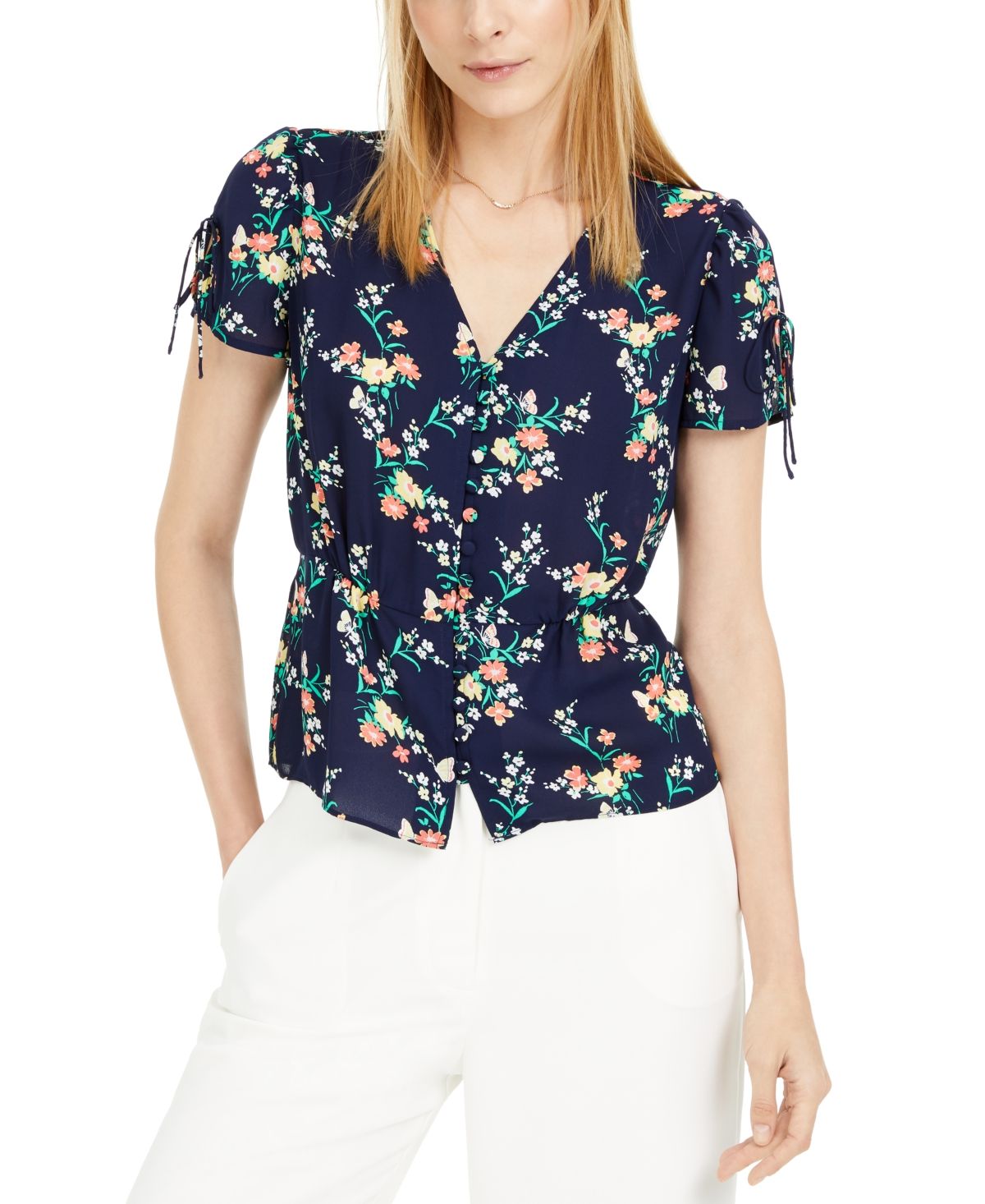 Blusa feminina Maison Jules com estampa floral e mangas divididas, azul-marinho, tamanho pequeno