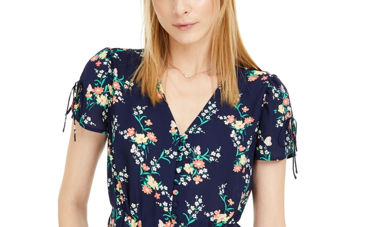 Blusa feminina Maison Jules com estampa floral e mangas divididas, azul-marinho, tamanho pequeno