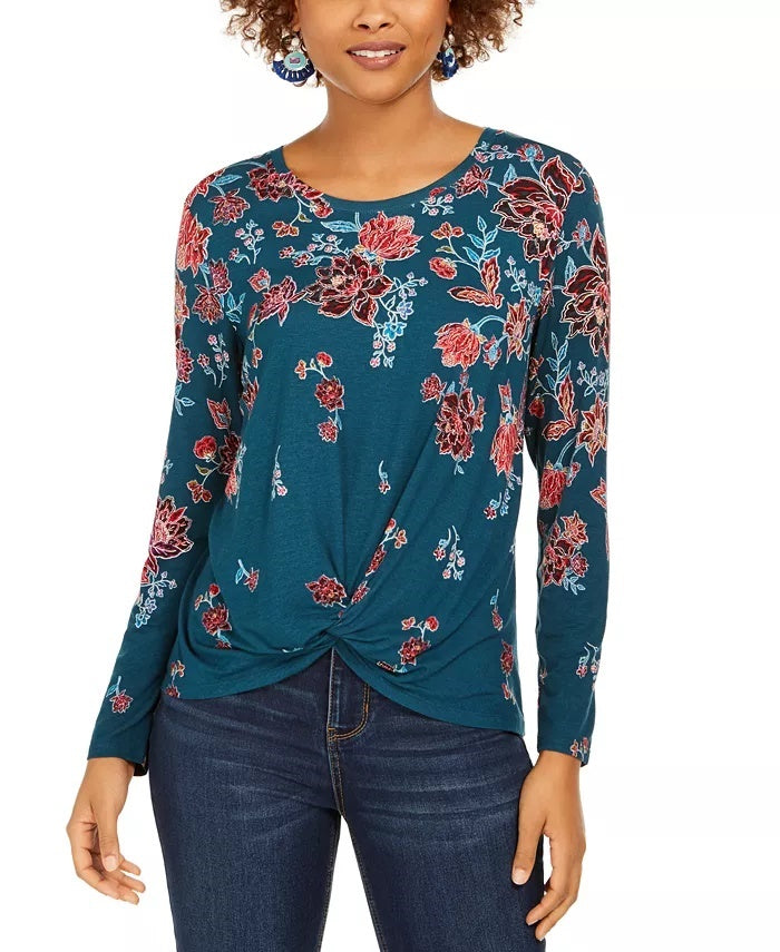 Blusa feminina com estampa floral e bainha torcida, verde, tamanho X-S