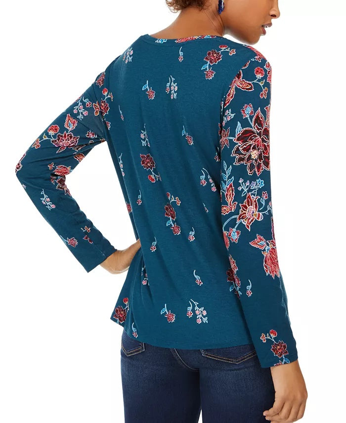 Blusa feminina com estampa floral e bainha torcida, verde, tamanho X-S