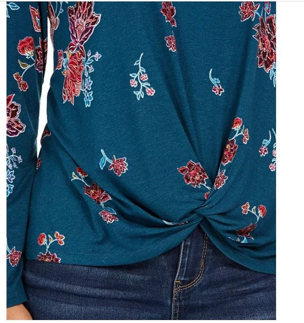 Blusa feminina com estampa floral e bainha torcida, verde, tamanho X-S