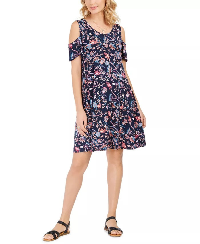 Vestido feminino estilo &amp; co com estampa de ombro vazado e comprimento médio, azul marinho