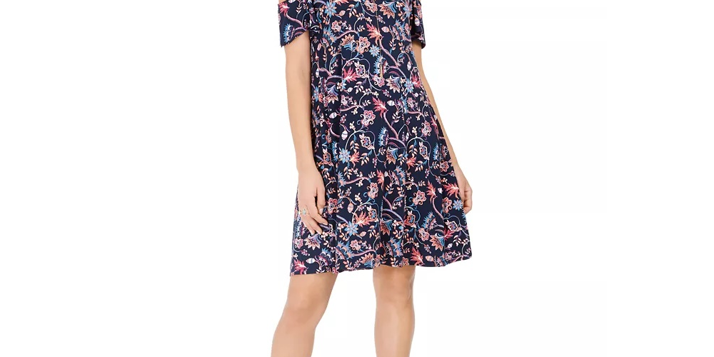 Vestido feminino estilo &amp; co com estampa de ombro vazado e comprimento médio, azul marinho