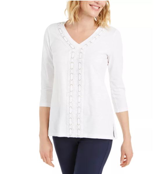 JM Collection Top feminino texturizado com acabamento em crochê e renda, tamanho médio, branco