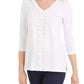 JM Collection Top feminino texturizado com acabamento em crochê e renda, tamanho médio, branco