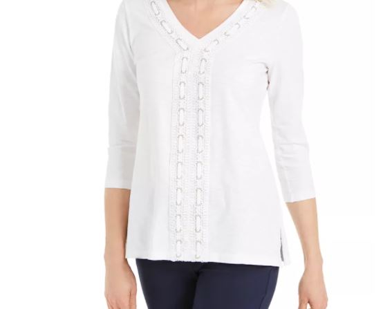 JM Collection Top feminino texturizado com acabamento em crochê e renda, tamanho médio, branco