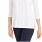 JM Collection Top feminino texturizado com acabamento em crochê e renda, tamanho médio, branco