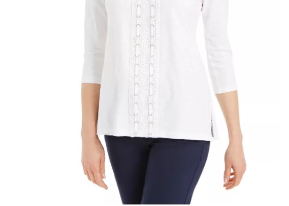 JM Collection Top feminino texturizado com acabamento em crochê e renda, tamanho médio, branco