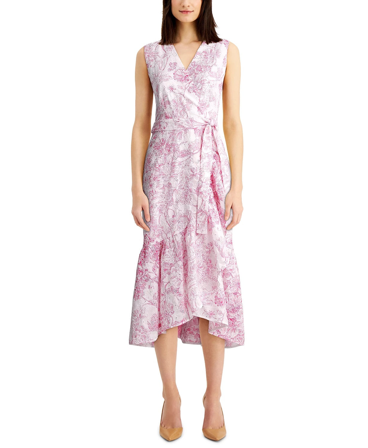Vestido envelope falso com babados e ilhós estampados Charter Club feminino, rosa escuro, tamanho 8