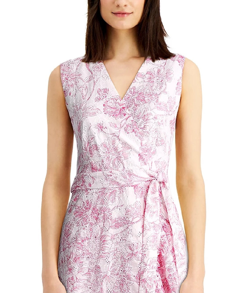 Vestido envelope falso com babados e ilhós estampados Charter Club feminino, rosa escuro, tamanho 8