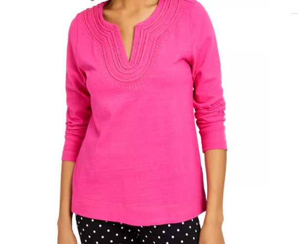 Camiseta feminina bordada de algodão Charter Club, rosa, tamanho médio