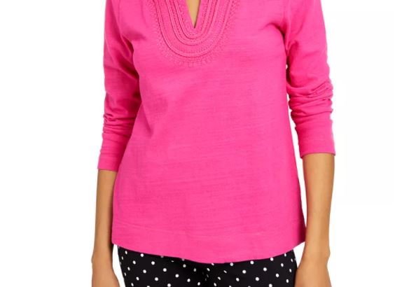 Camiseta feminina bordada de algodão Charter Club, rosa, tamanho médio