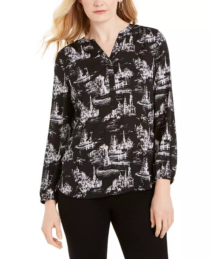 Top feminino estampado com decote dividido, preto, tamanho médio