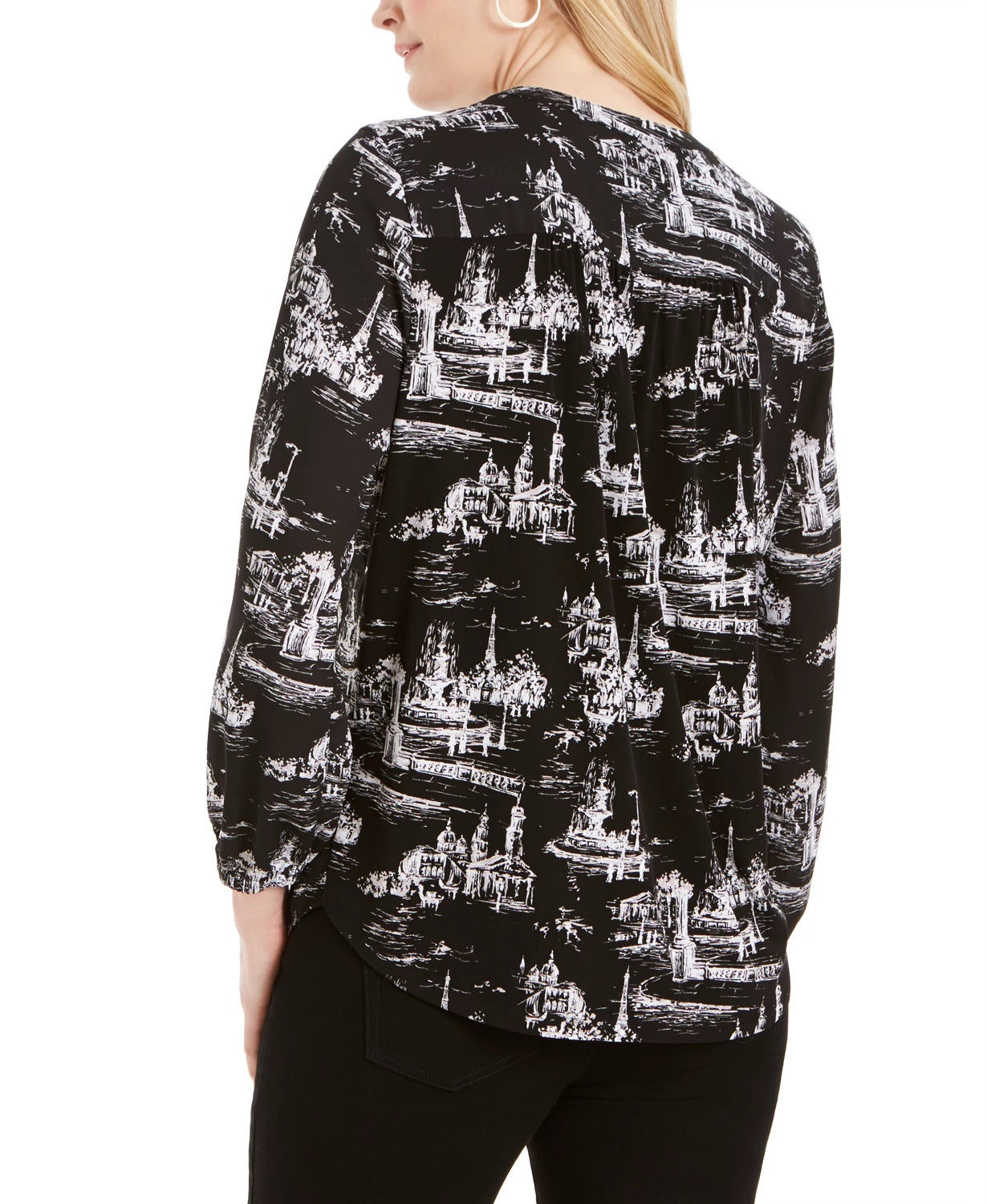 Top feminino estampado com decote dividido, preto, tamanho médio