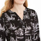 Top feminino estampado com decote dividido, preto, tamanho médio