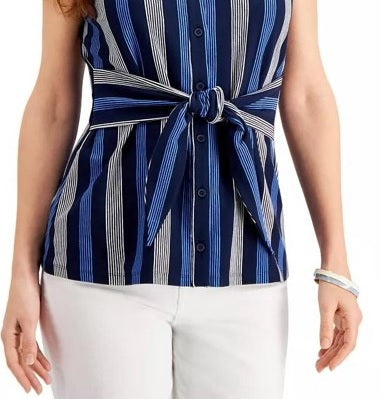 Top listrado feminino Charter Club com amarração na cintura, azul, tamanho extragrande