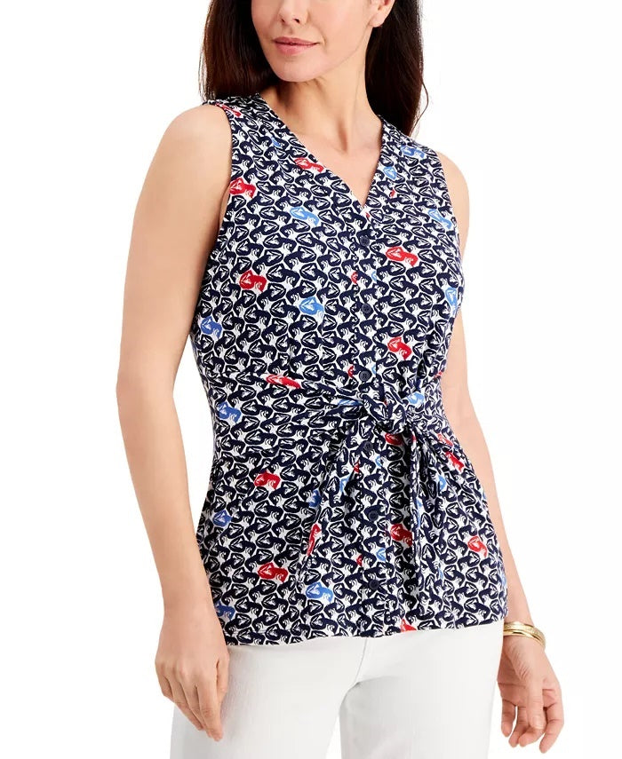 Charter Club Blusa feminina sem mangas com estampa frontal e amarração, tamanho grande, azul