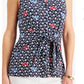 Charter Club Blusa feminina sem mangas com estampa frontal e amarração, tamanho grande, azul
