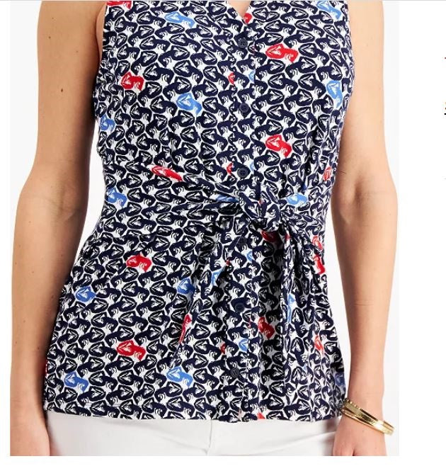 Charter Club Blusa feminina sem mangas com estampa frontal e amarração, tamanho grande, azul