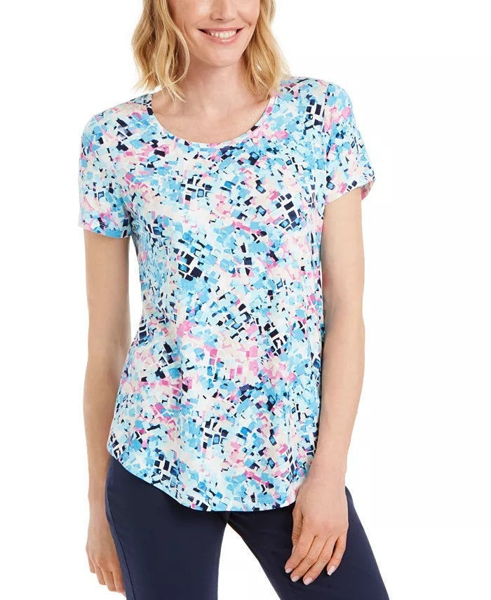 Camiseta feminina estampada com decote redondo e manga curta JM Collection, tamanho P