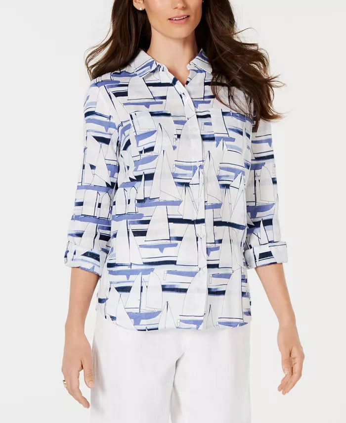 Camisa feminina com estampa de veleiro Charter Club, branca, tamanho grande
