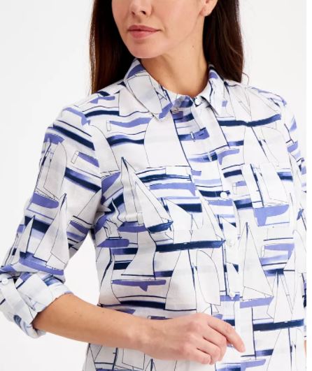 Camisa feminina com estampa de veleiro Charter Club, branca, tamanho grande
