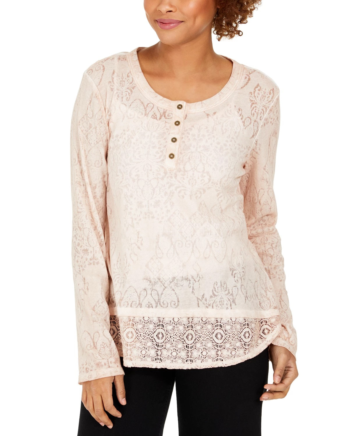 Top Henley de renda feminino Style &amp; Co, rosa, tamanho grande