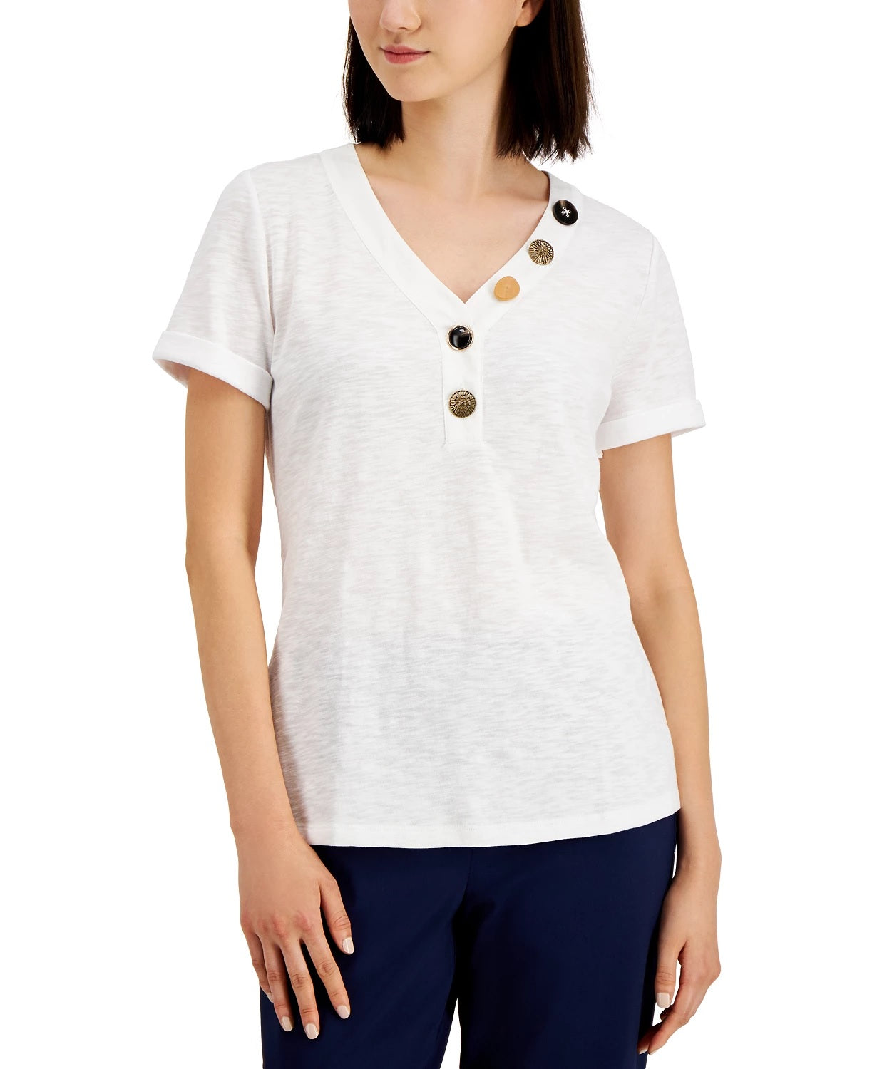 Blusa feminina JM Collection com botões mistos, branca, tamanho pequeno