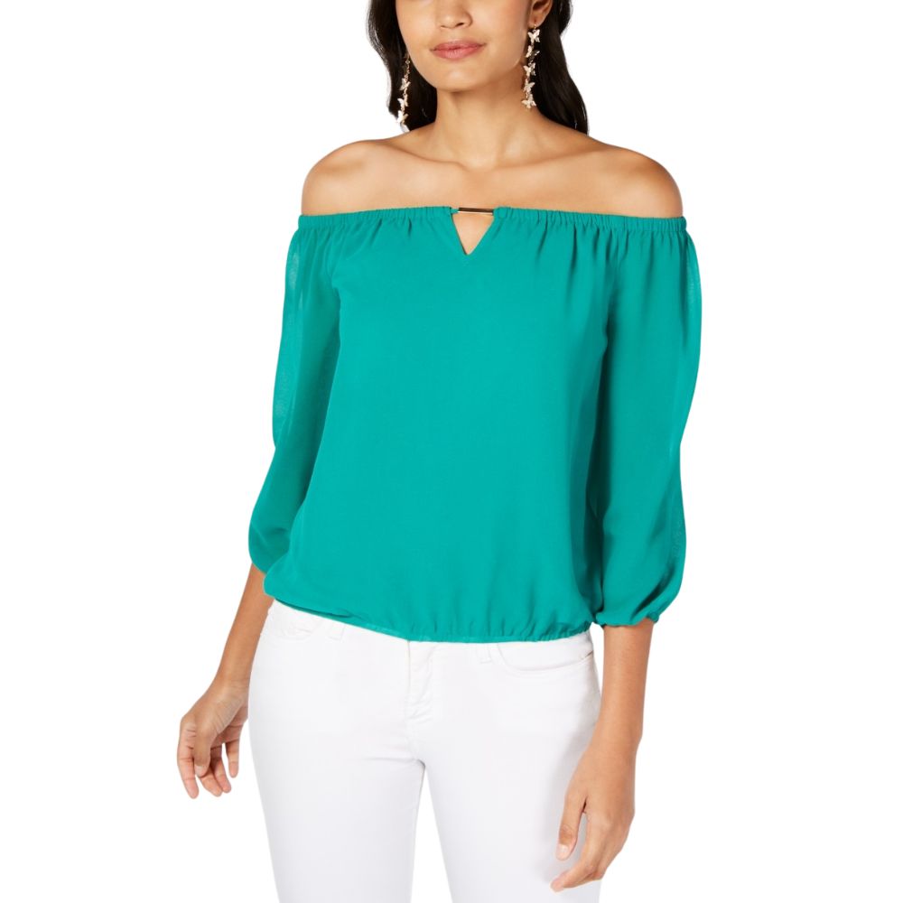 Blusa feminina Thalia Sodi ombro a ombro com decote em V verde tamanho grande
