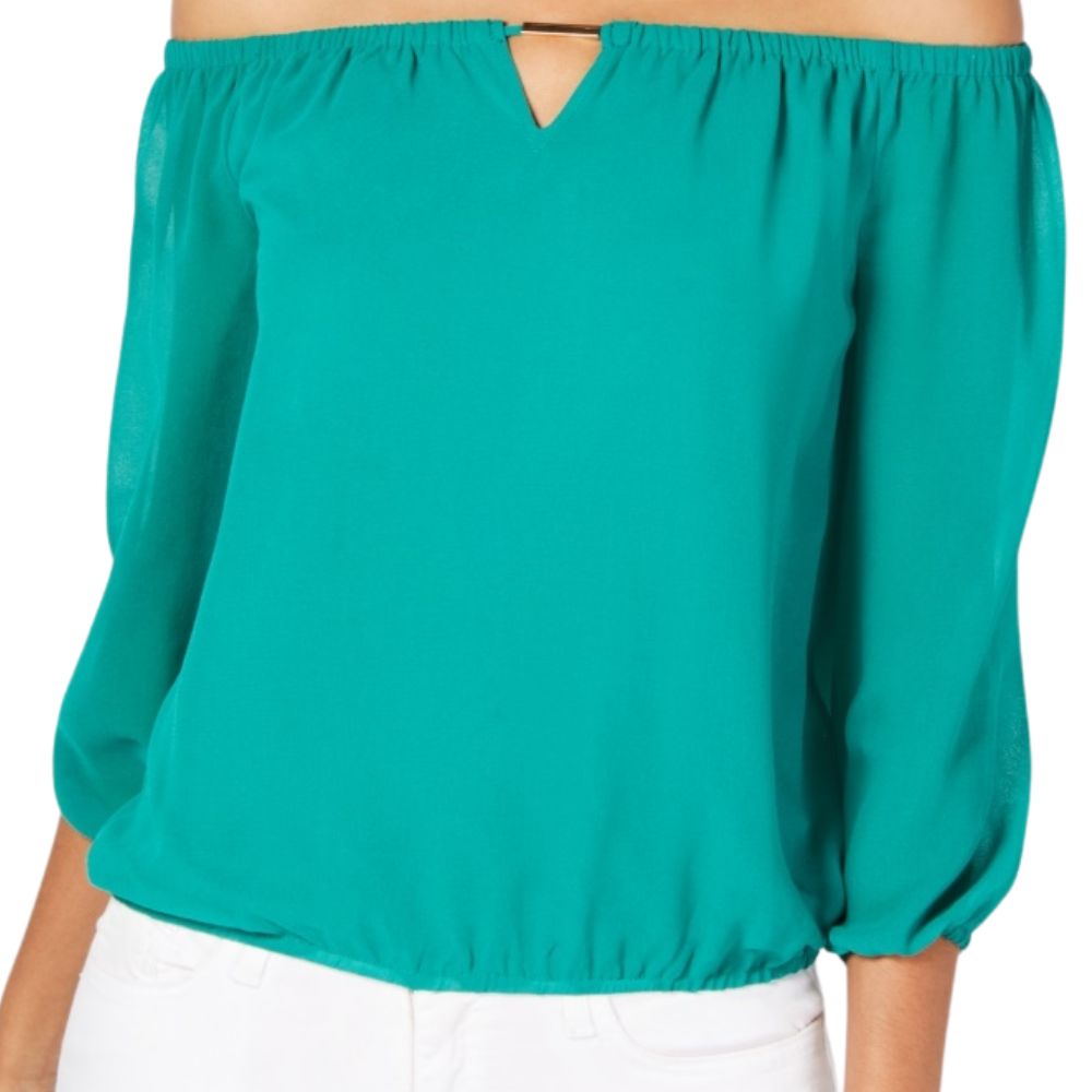 Blusa feminina Thalia Sodi ombro a ombro com decote em V verde tamanho grande