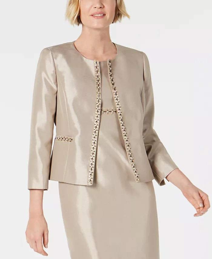 Jaqueta feminina Kasper com abertura frontal e contas, bege-cáqui, tamanho 12