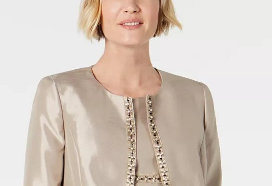 Jaqueta feminina Kasper com abertura frontal e contas, bege-cáqui, tamanho 12