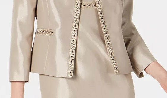 Jaqueta feminina Kasper com abertura frontal e contas, bege-cáqui, tamanho 12