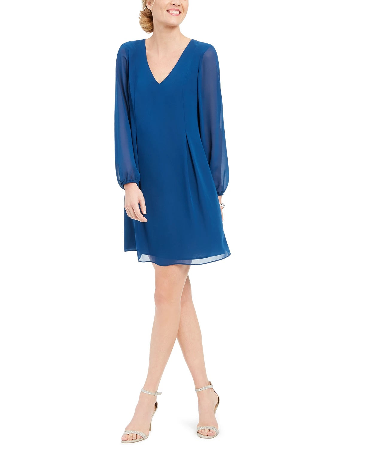 Vestido feminino com decote em V e costas abertas, azul escuro, tamanho X-S