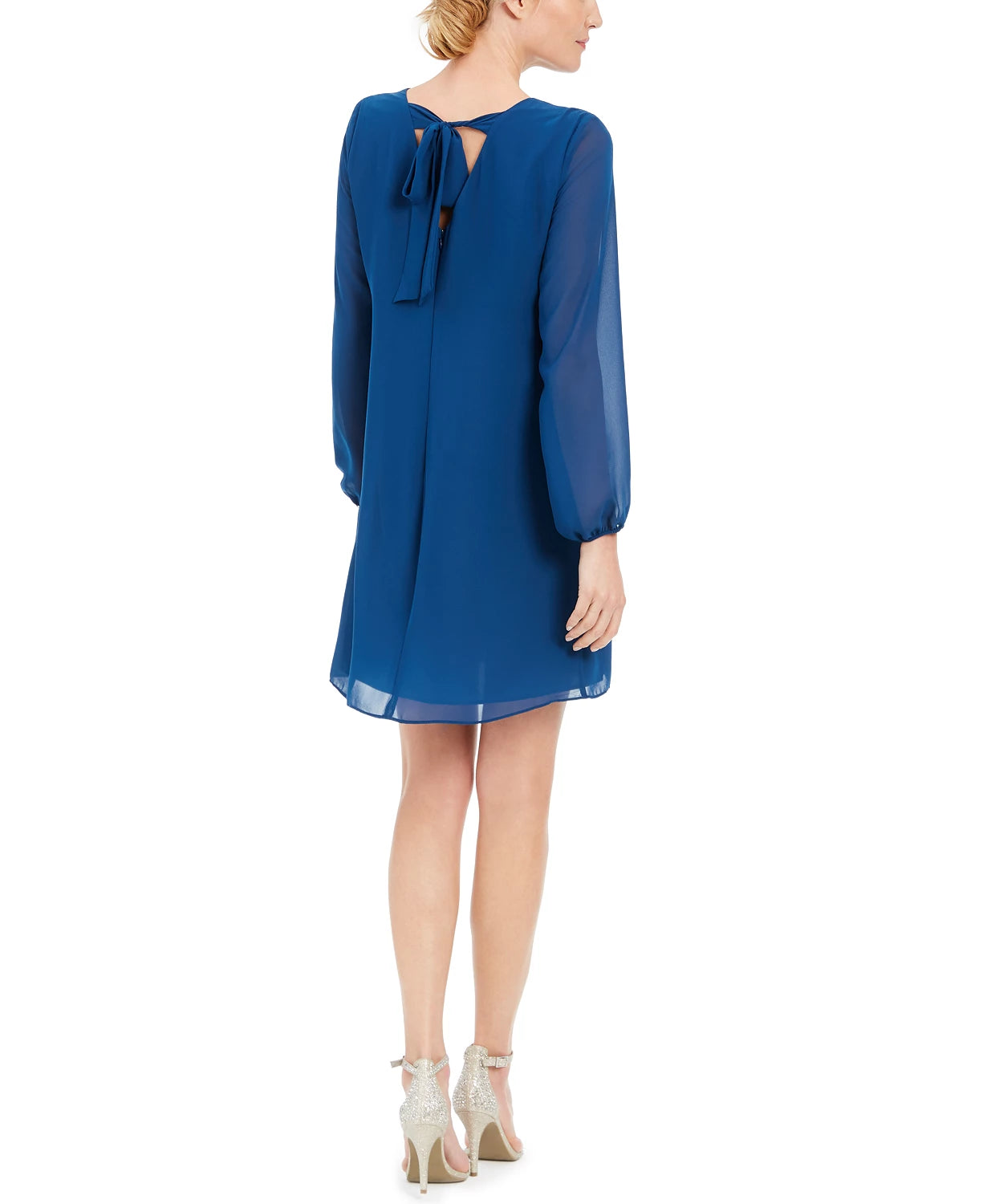 Vestido feminino com decote em V e costas abertas, azul escuro, tamanho X-S