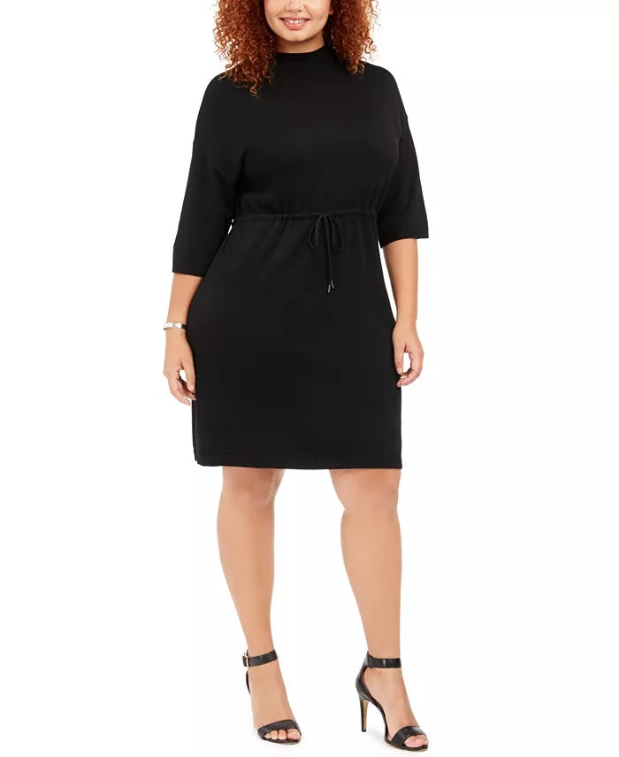 Vestido feminino Anne Klein plus size com decote simulado e cordão na cintura, preto, tamanho 2X