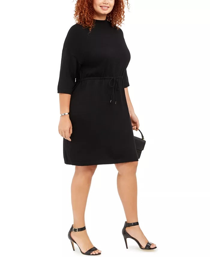 Vestido feminino Anne Klein plus size com decote simulado e cordão na cintura, preto, tamanho 2X