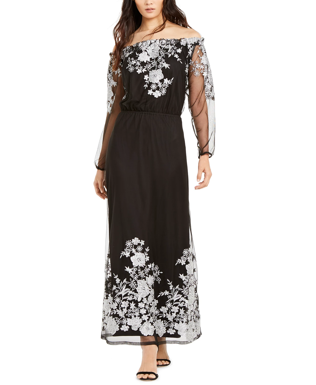 Vestido longo feminino bordado ombro a ombro da INC International Concepts, preto, tamanho 2