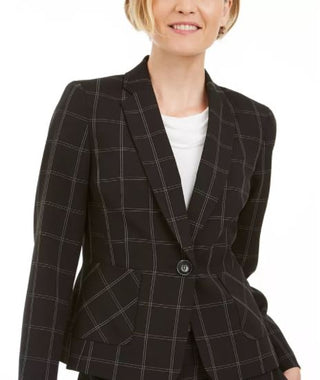 Blazer xadrez Kasper feminino com um botão e janela, cor carvão, tamanho 8