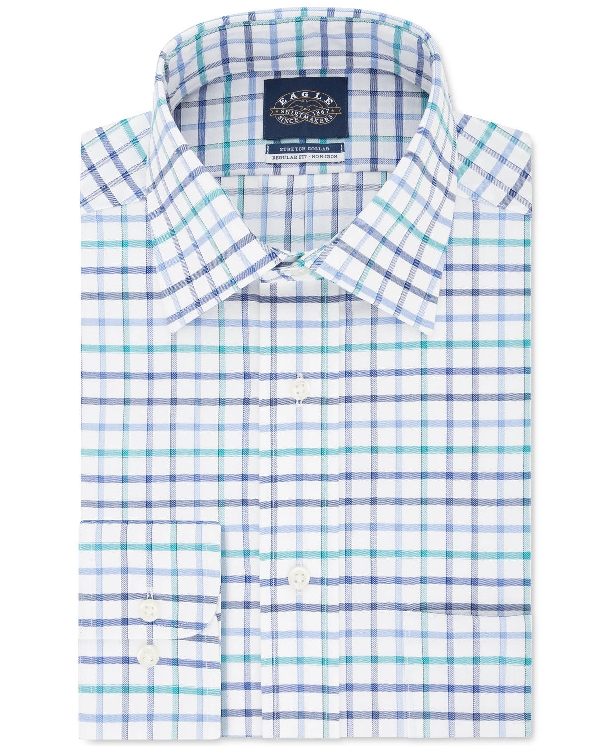 Camisa social xadrez Eagle masculina clássica/regular, sem passar a ferro, com gola flexível, azul, tamanho 16,5 x 32-33