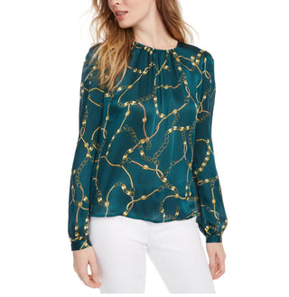Blusa feminina Leyden verde com estampa de corrente dourada, tamanho médio