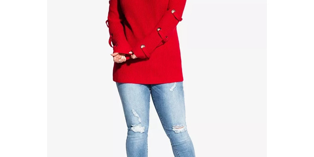 Suéter feminino City Chic Plus Size com mangas ilhós, tamanho médio, vermelho, 18W